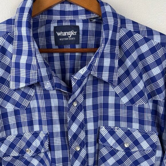 Wrangler western button Long sleeve men’s shirt XXL Blue pearl snap pocket Cuff - Picture 3 of 11